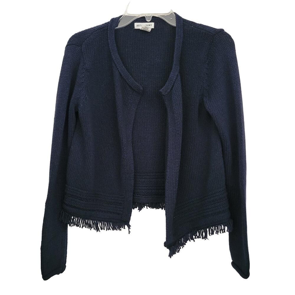 Artisan NY Cardigan Women S Navy Blue Fringe Hem Shaker Knit Open Front Sweater